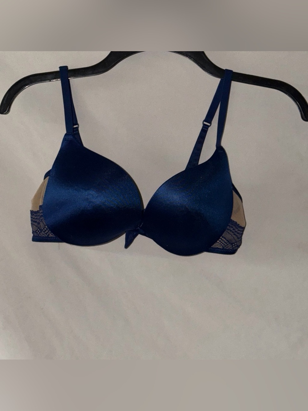 Satin Navy Blue Push-Up Bra with Lace Side Panels